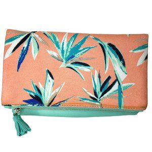 Rachel Pally Coral Blue Plant Print Fold Over Zipper Clutch